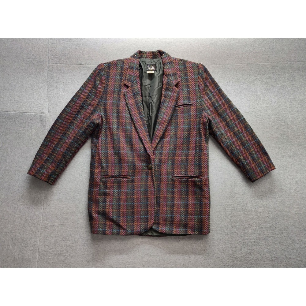 Pasta Women Blazer M Multicolor Plaid Checked Button Single Breasted Logo Career
